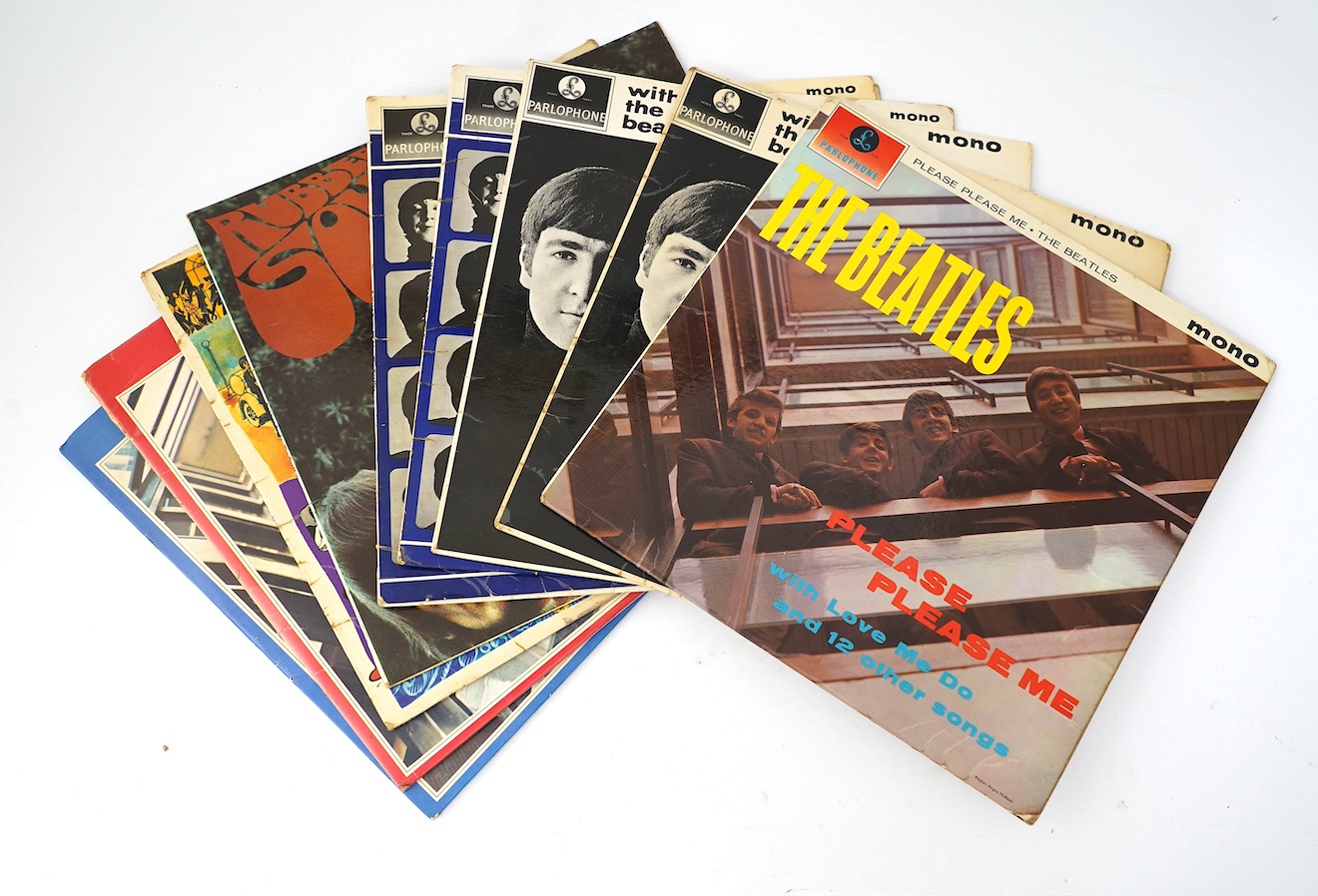 Ten The Beatles LP record albums; Please Please Me, PMC 1202, XEX.421, two copies of With The Beatles, both PMC 1206, XEX.447, two copies of A Hard Day’s Night, both PMC 1230, XEX.481, Help!, PMC 1255, XEX.549, Rubber So